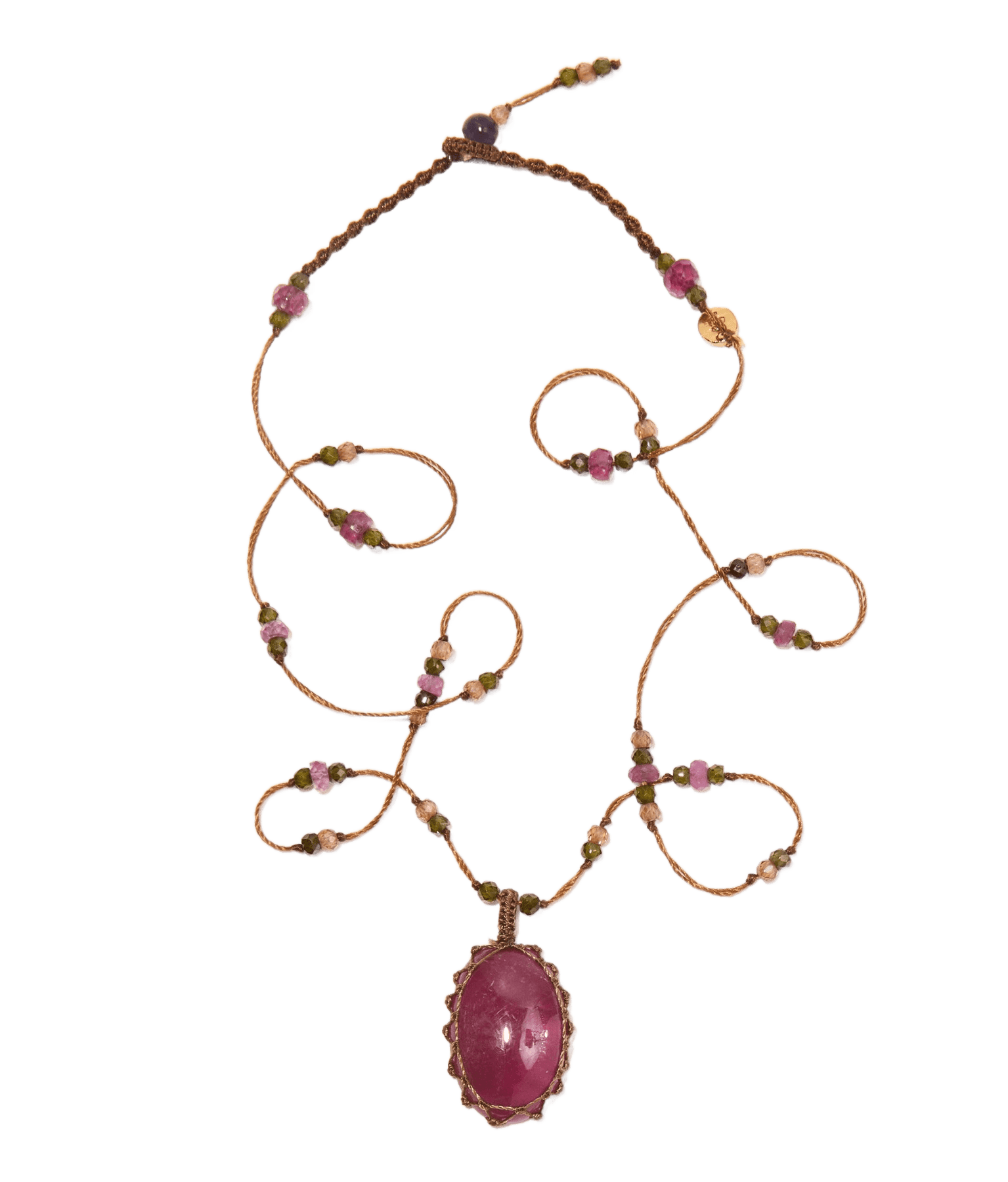 Collier Court Tibétain - Saphir Cabochon - Mix Tourmaline - Fil Tabac