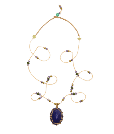 Collana corta tibetana - Lapislazzuli - Mix di ametiste - Filo beige