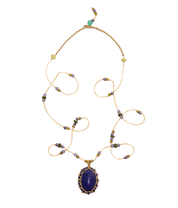 Collier Court Tibétain - Lapis Lazuli - Mix Tsavorite & Purple - Fil Beige
