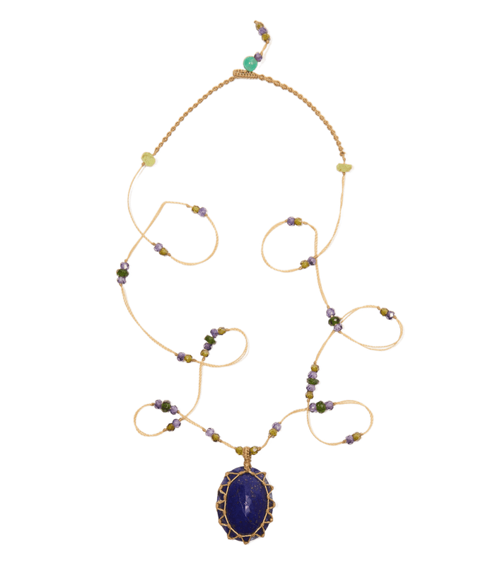 Collier Court Tibétain - Lapis Lazuli - Mix Tsavorite & Purple - Fil Beige