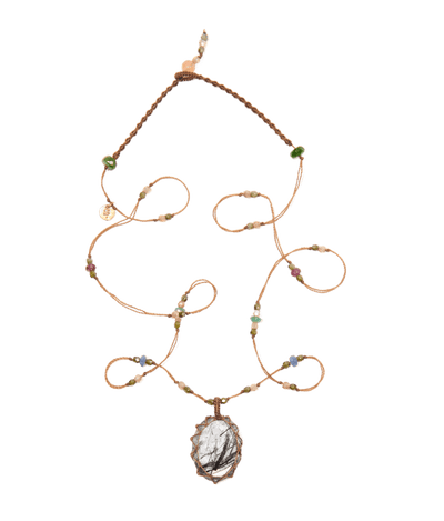 Collier Court Tibétain - Quartz Rutile Noir - Mix Précieux - Fil Tabac