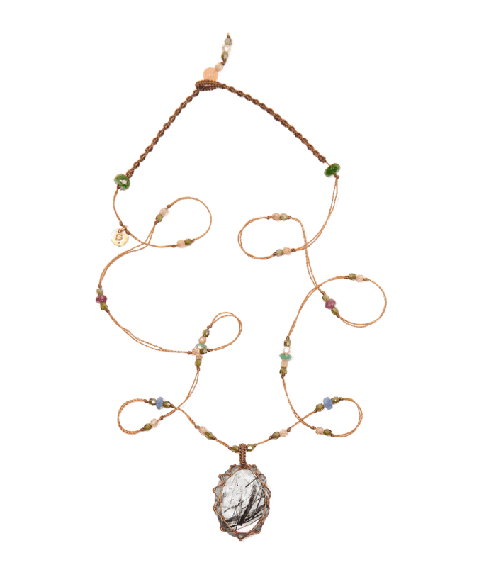 Collana Corta Tibetana - Quarzo Rutilo Nero - Mix Rubino Smeraldo Zaffiro - Filo di Tabacco