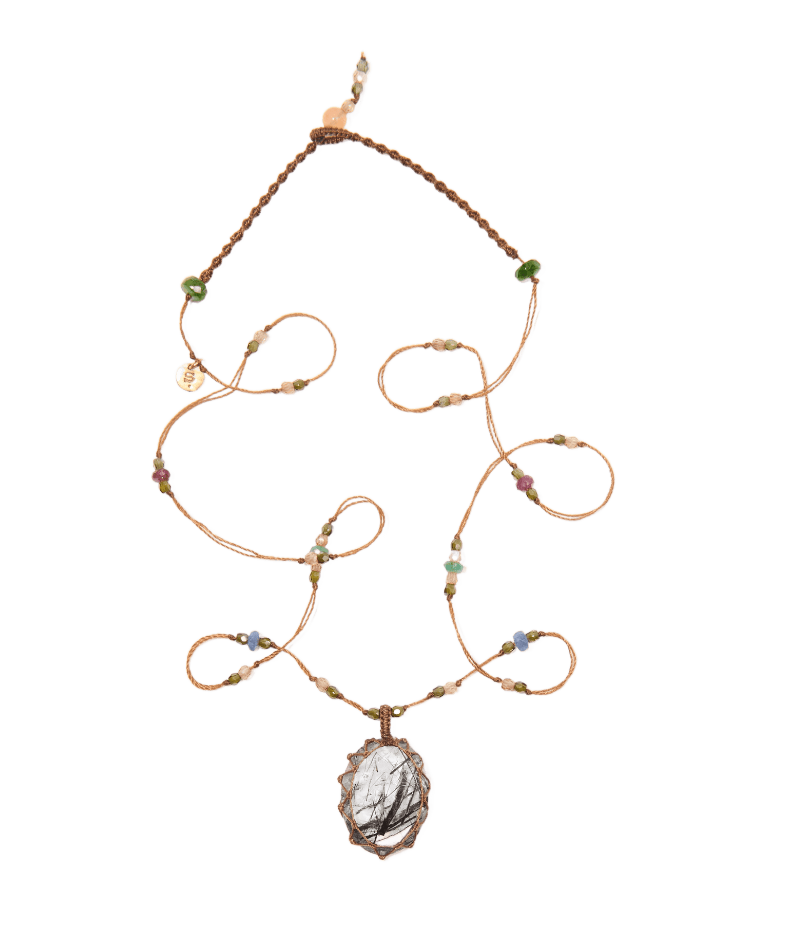 Short Tibetan Necklace - Black Rutilated Quartz - Precious Mix - Tobacco Thread