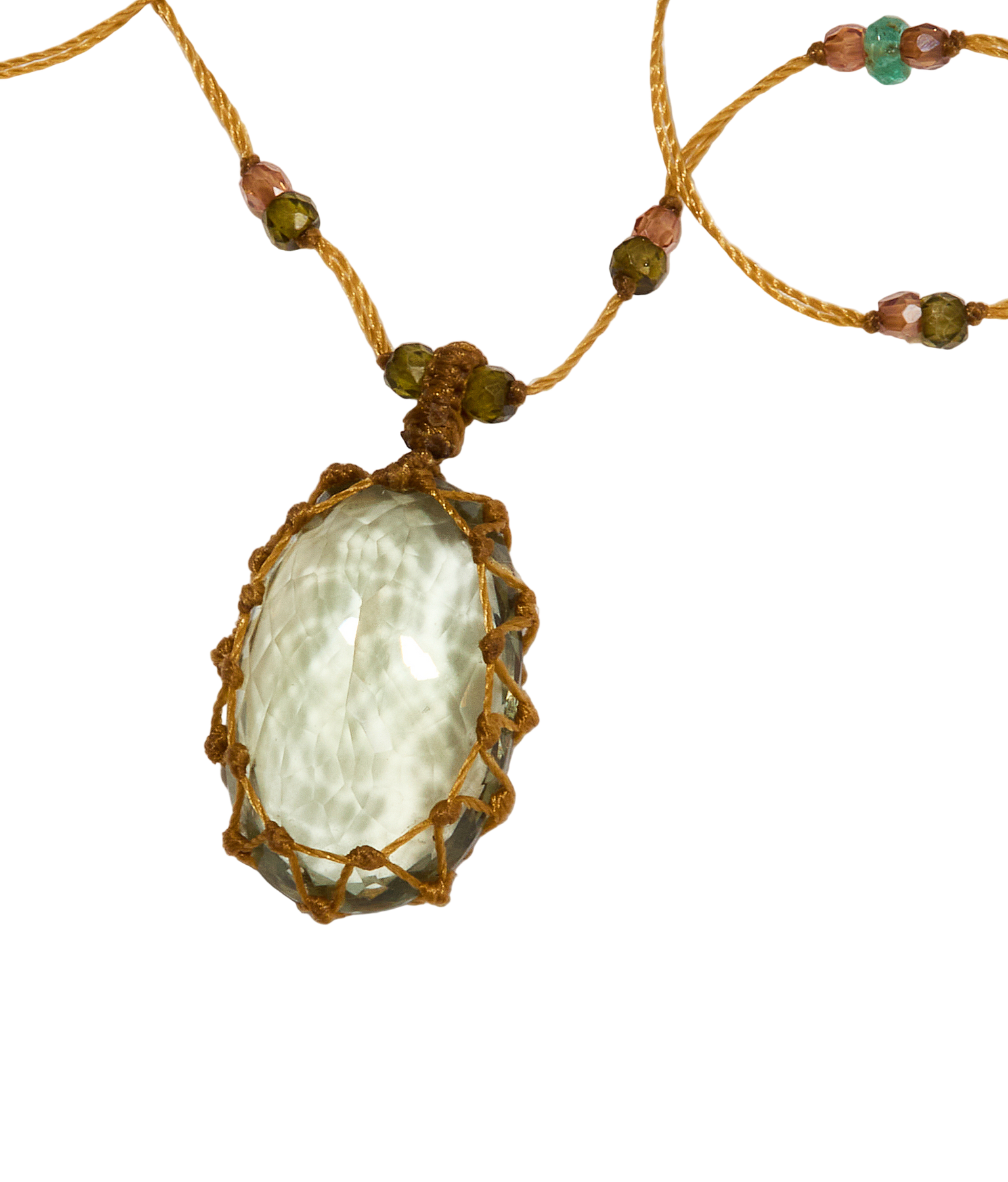 Collier Court Tibétain - Améthyste Verte - Mix Émeraude - Fil Beige
