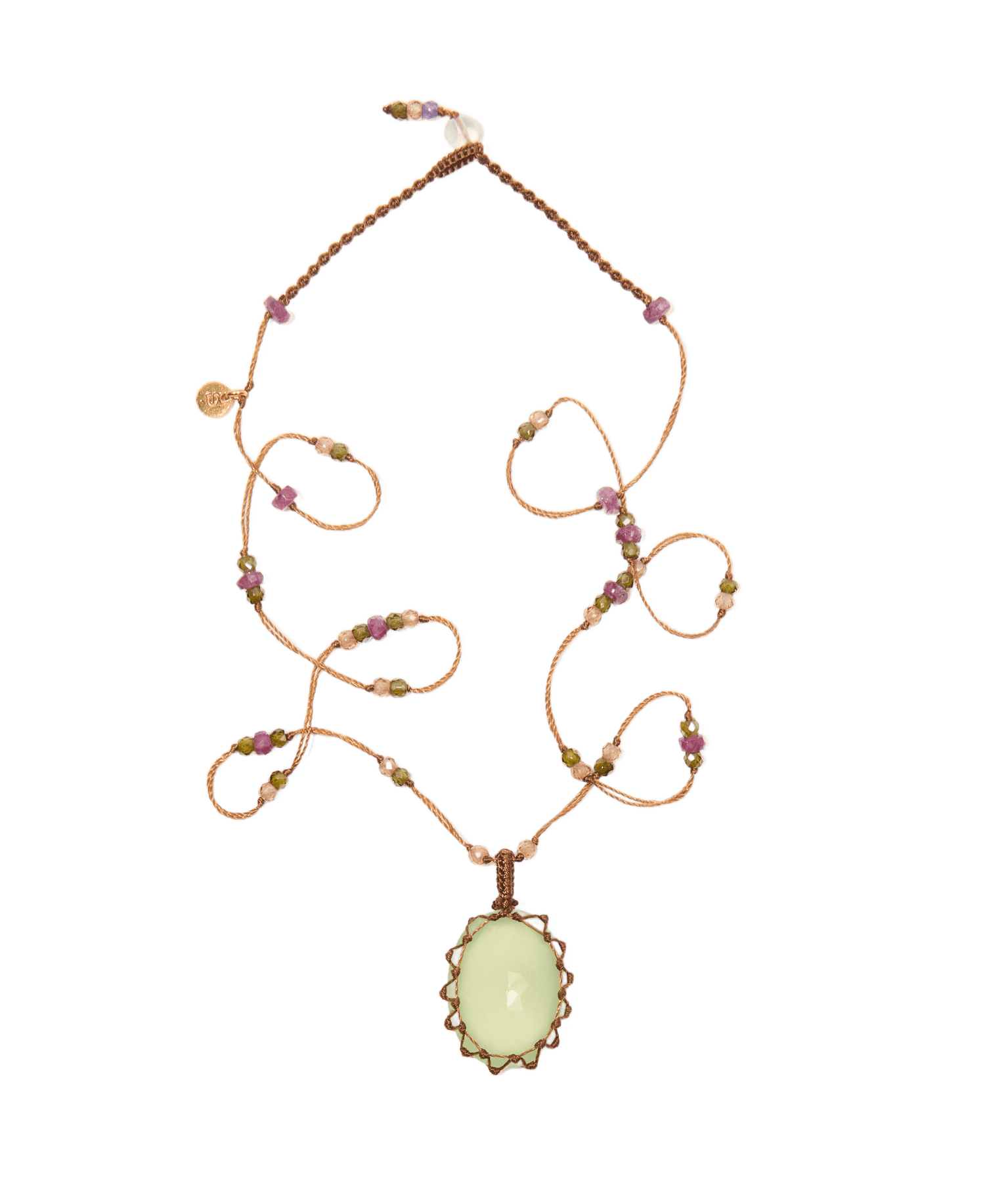 Collier Court Tibétain - Calcédoine Verte - Mix Tourmaline - Fil Tabac