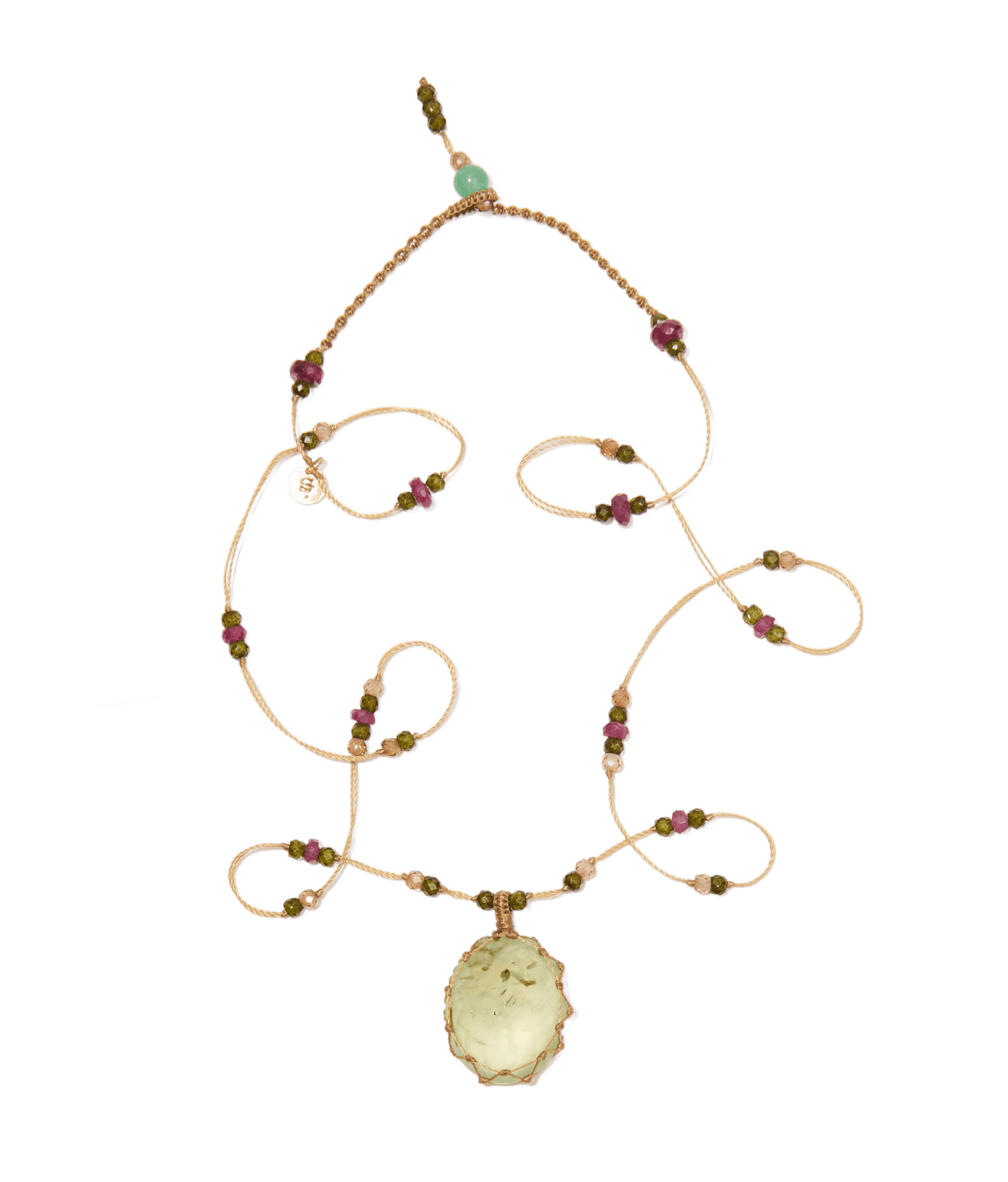Collier Court Tibétain - Prehnite Rutile  - Mix Tourmaline - Fil Beige