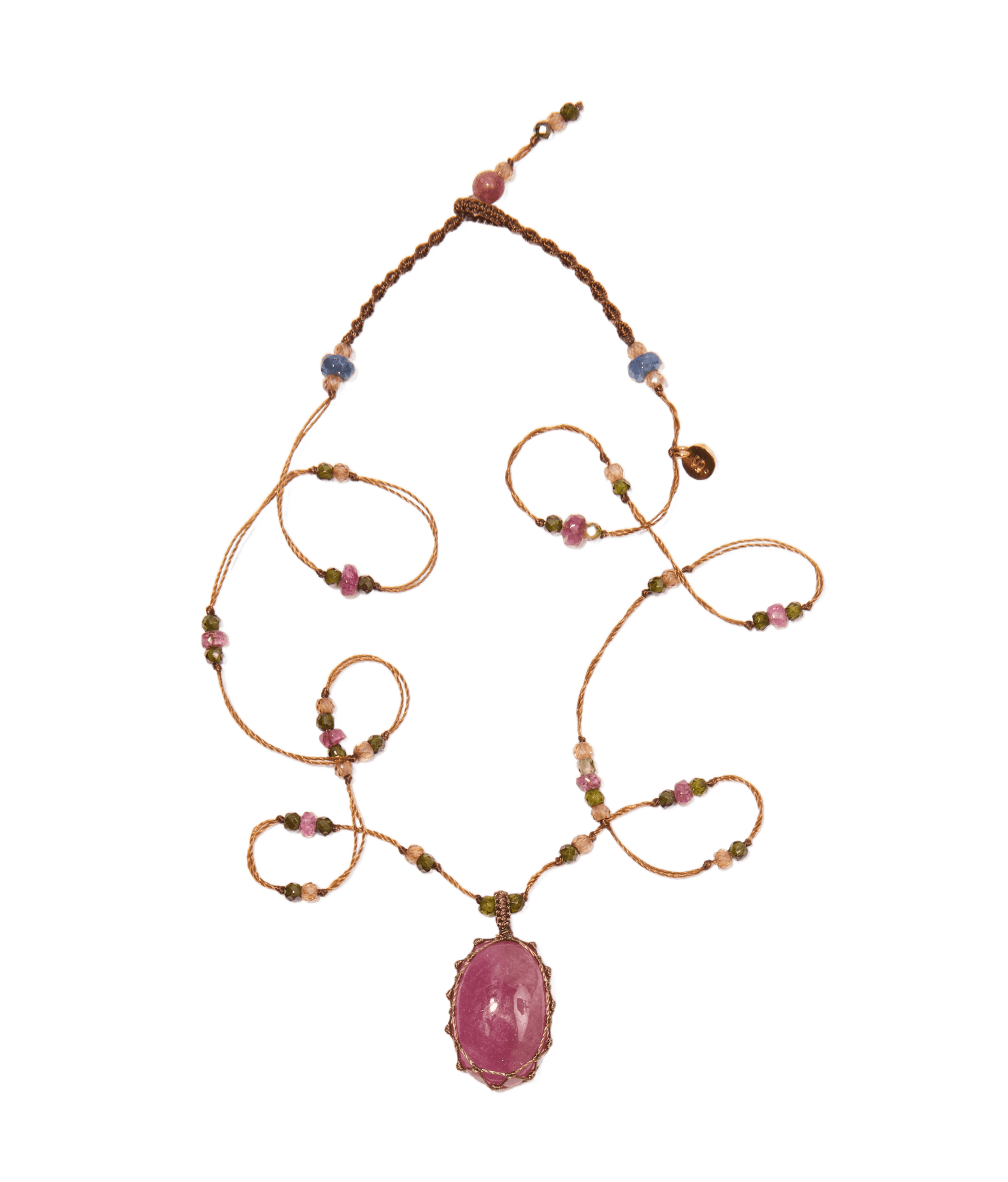 Collier Court Tibétain - Saphir Cabochon - Mix Tourmaline - Fil Tabac