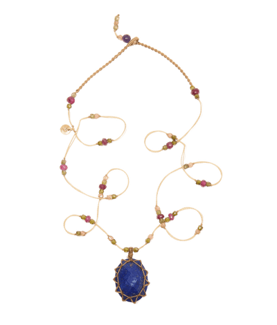 Collier Court Tibétain - Lapis Lazuli - Mix Tourmaline - Fil Beige