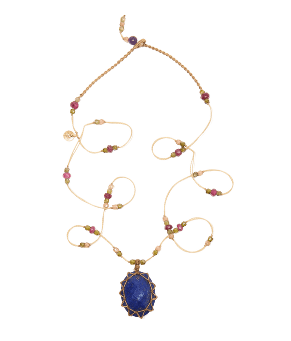 Collier Court Tibétain - Lapis Lazuli - Mix Tourmaline - Fil Beige