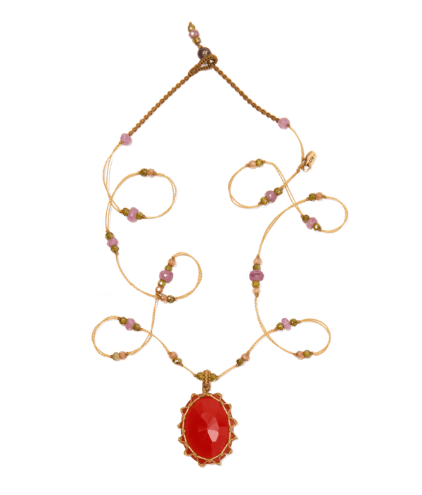 Collier Court Tibétain - Onyx Orange - Mix Tourmaline Rose - Fil Beige