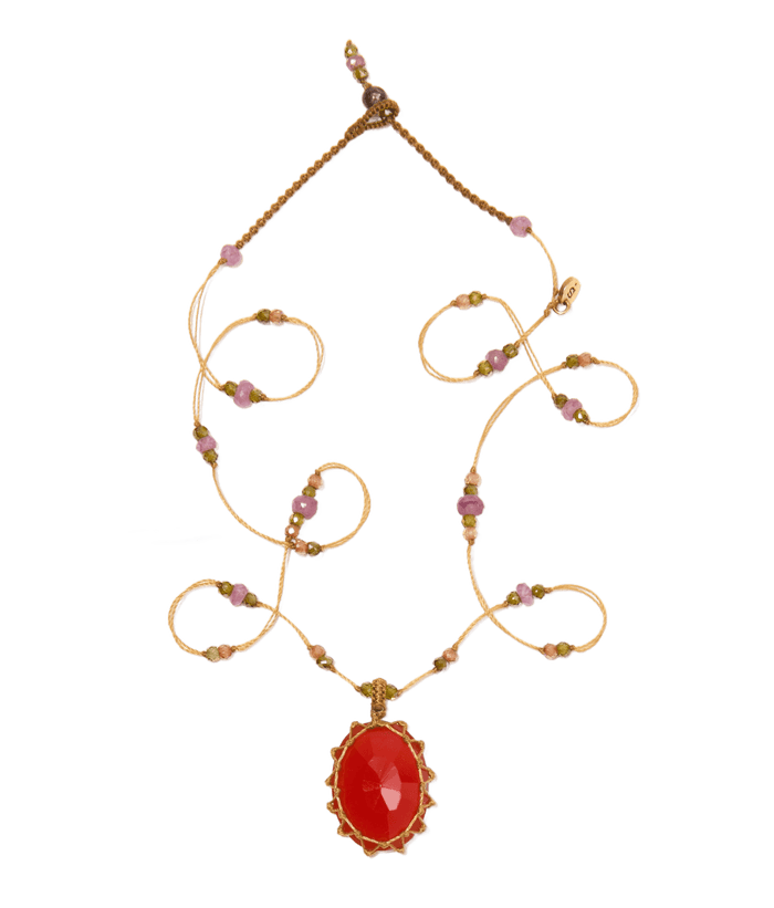 Short Tibetan Necklace - Orange Onyx - Rose Tourmaline Mix - Beige Thread