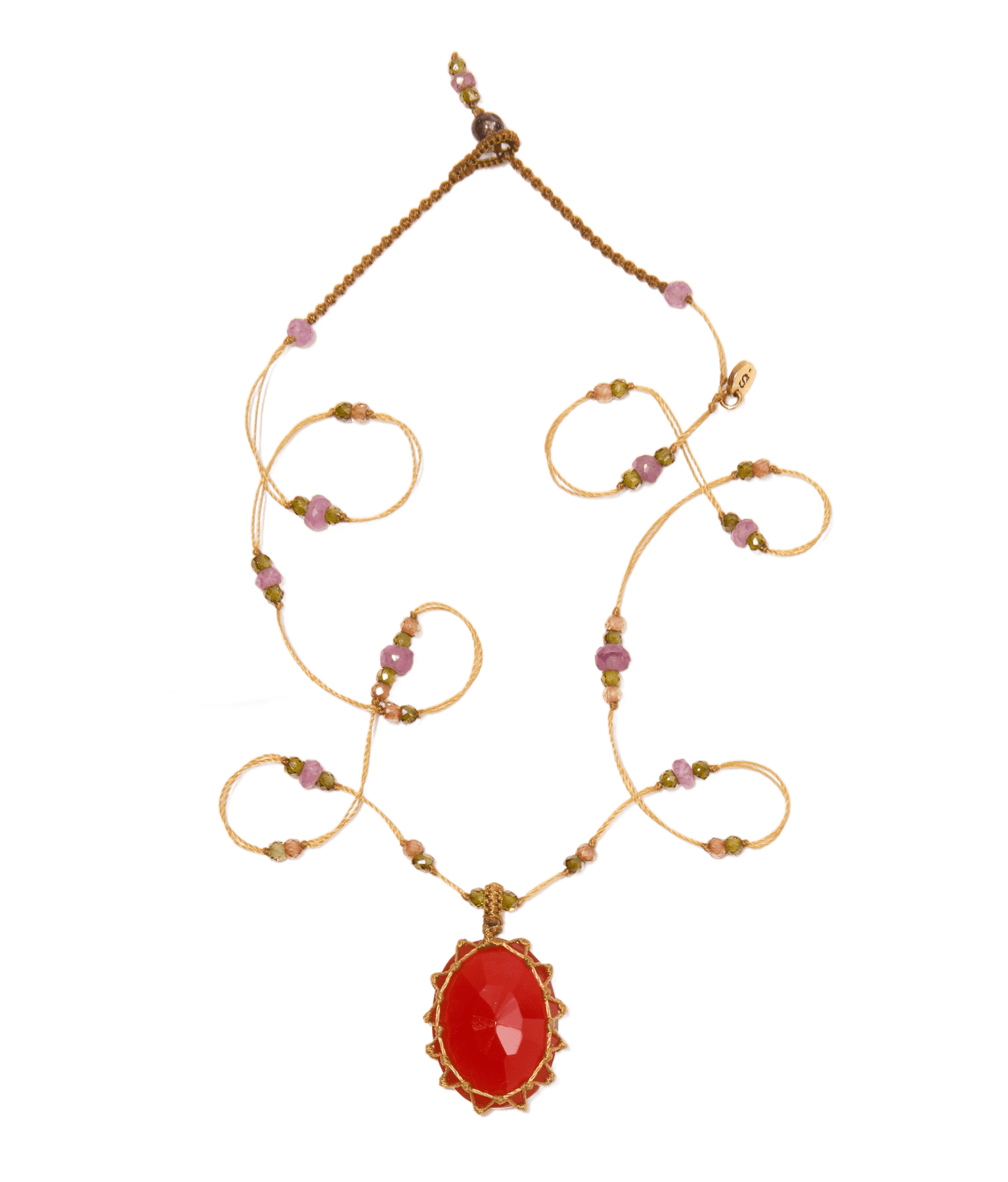 Collier Court Tibétain - Onyx Orange - Mix Tourmaline Rose - Fil Beige