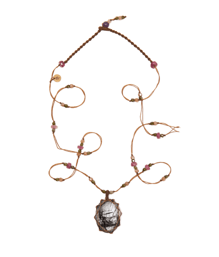 Collier Court Tibétain - Quartz Rutile Noir - Mix Tourmaline Rose - Fil Tabac