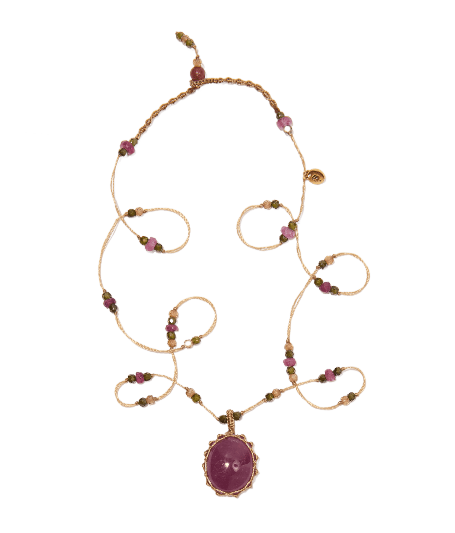 Collier Court Tibétain - Saphir Cabochon - Mix Tourmaline - Fil Beige
