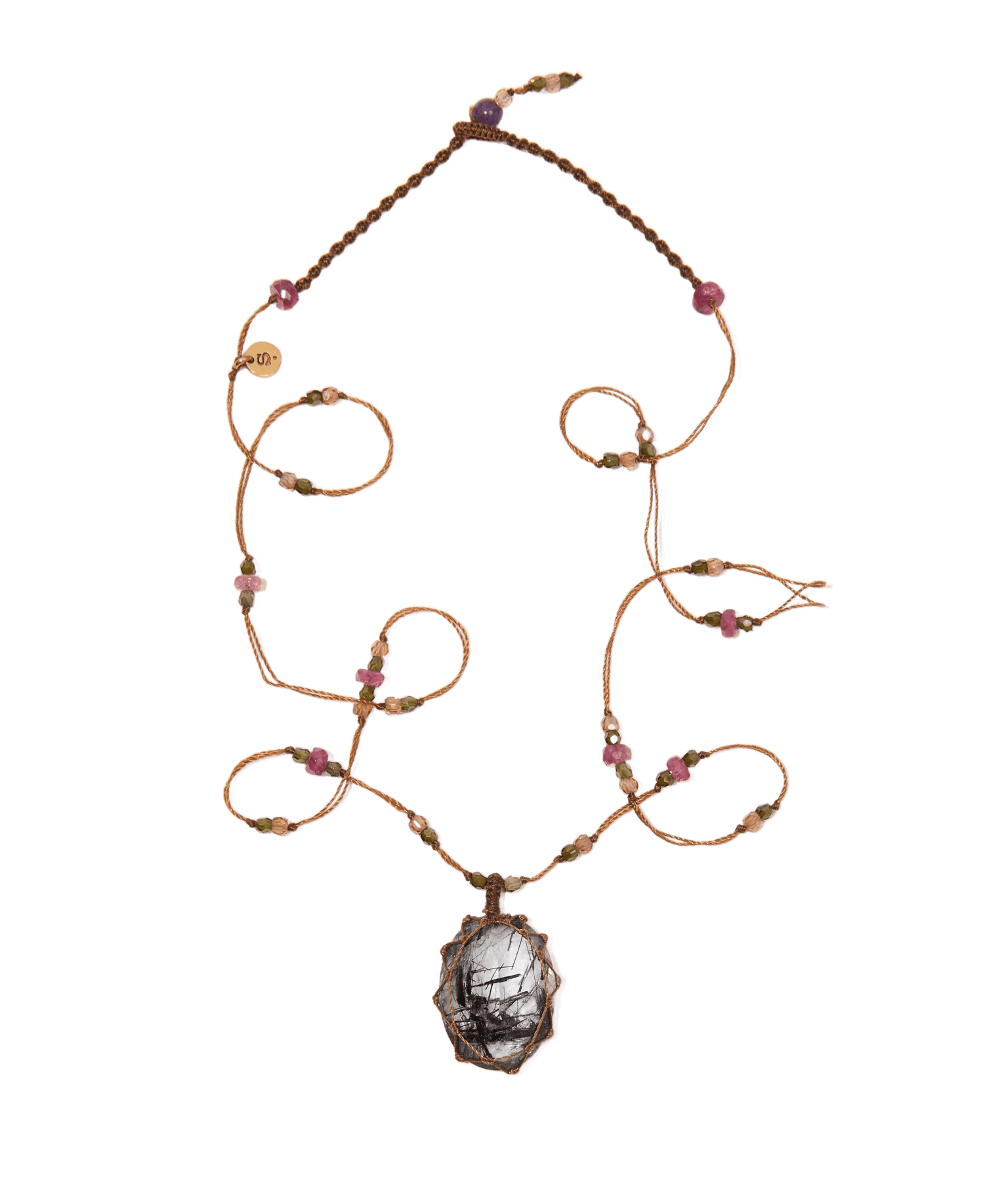 Short Tibetan Necklace - Black Rutilated Quartz - Pink Tourmaline Mix - Tobacco Thread