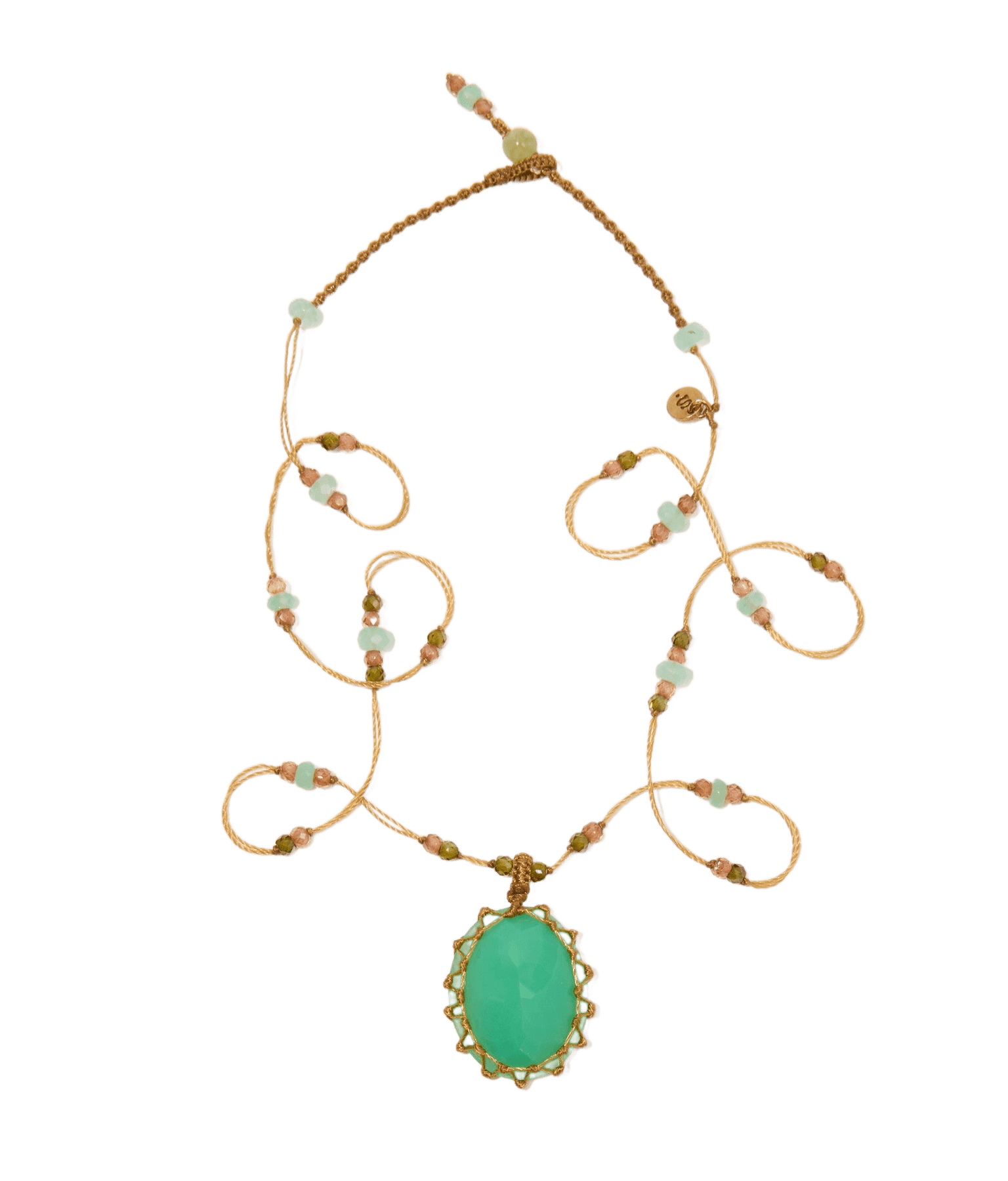 Short Tibetan Necklace - Chrysoprase - Chrysoprase Mix - Beige Thread
