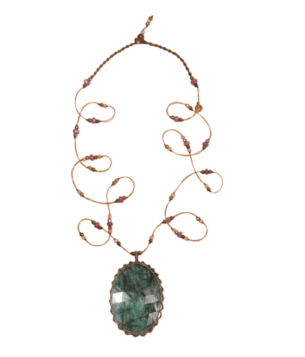 Sautoir Tibétain - Émeraude - Mix Tourmaline - Fil Tabac