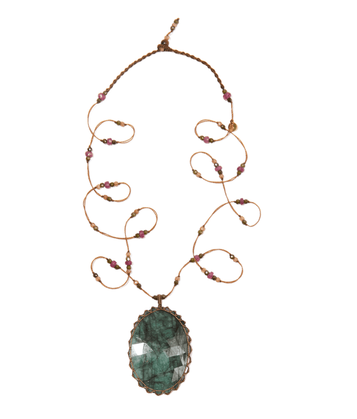 Sautoir Tibétain - Émeraude - Mix Tourmaline - Fil Tabac