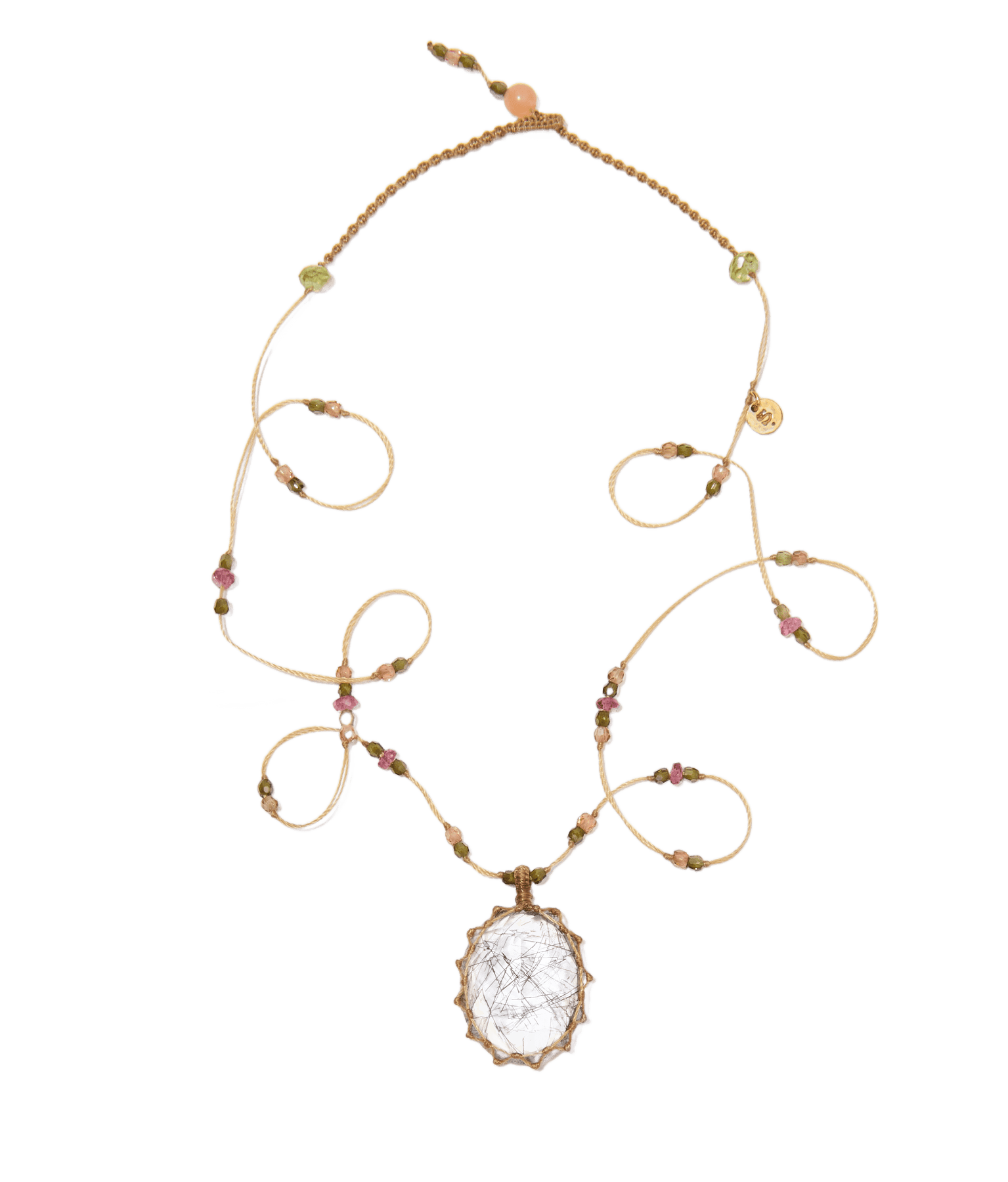 Collier Court Tibétain - Quartz Rutile Noir - Mix Tourmaline Rose - Fil Beige