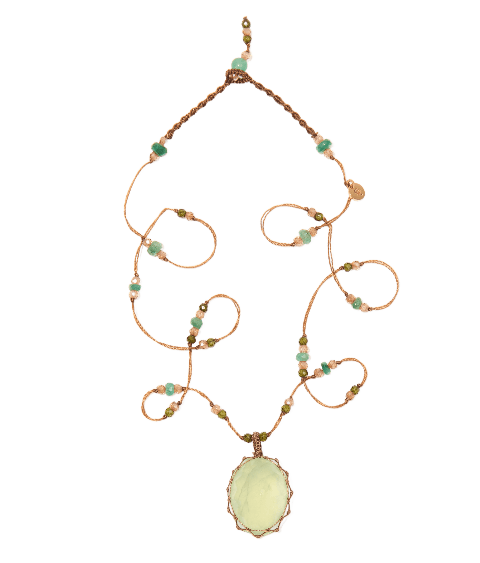 Short Tibetan Necklace - Prehnite - Emerald Mix - Tobacco Thread