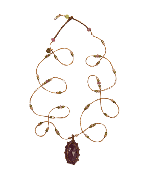 Sautoir Tibétain - Corundum Rouge - Mix Tourmaline - Fil Tabac