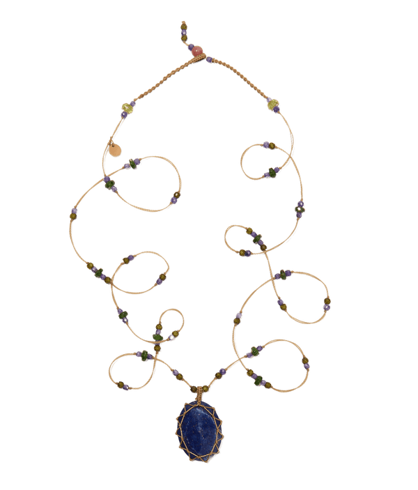 Sautoir Tibétain - Lapis Lazuli - Mix Tsavorite - Fil Beige