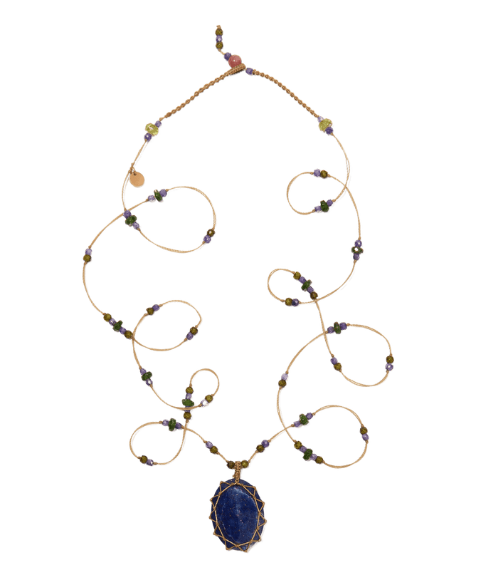 Sautoir Tibétain - Lapislazuli - Mix Tsavorit - Beiger Faden