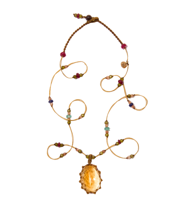 Collier Court Tibétain - Citrine - Mix Précieux - Fil Beige