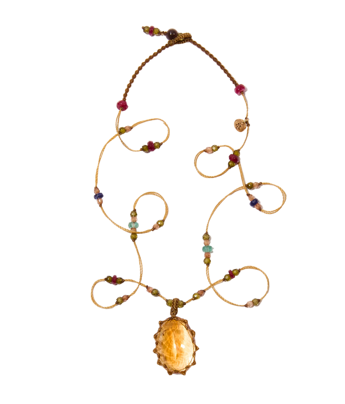Collier Court Tibétain - Citrine - Mix Précieux - Fil Beige