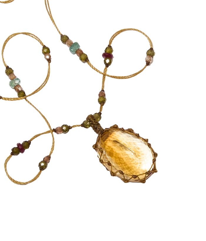 Collier Court Tibétain - Citrine - Mix Précieux - Fil Beige