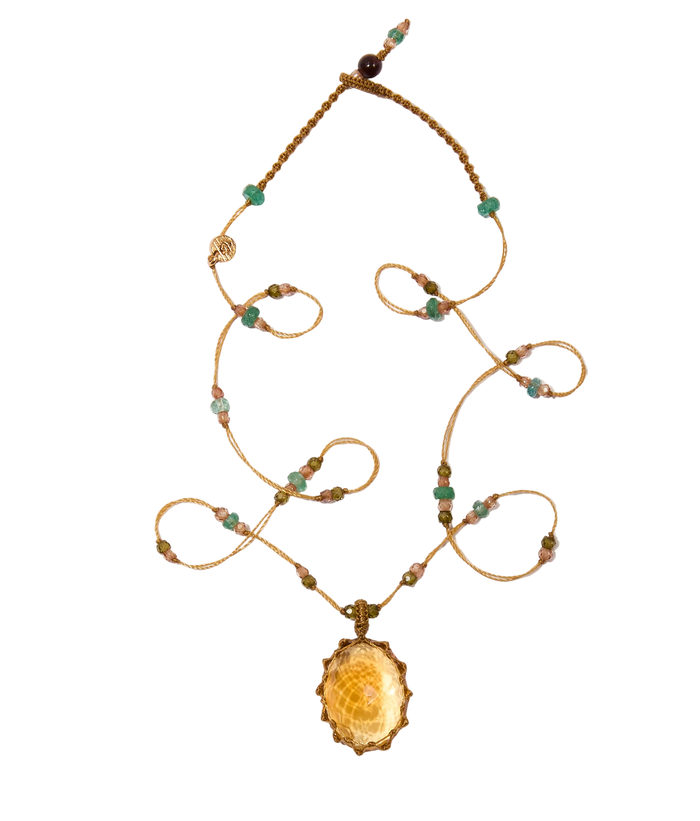 Collier court Tibétain - Citrine - Mix Émeraude - Fil Beige