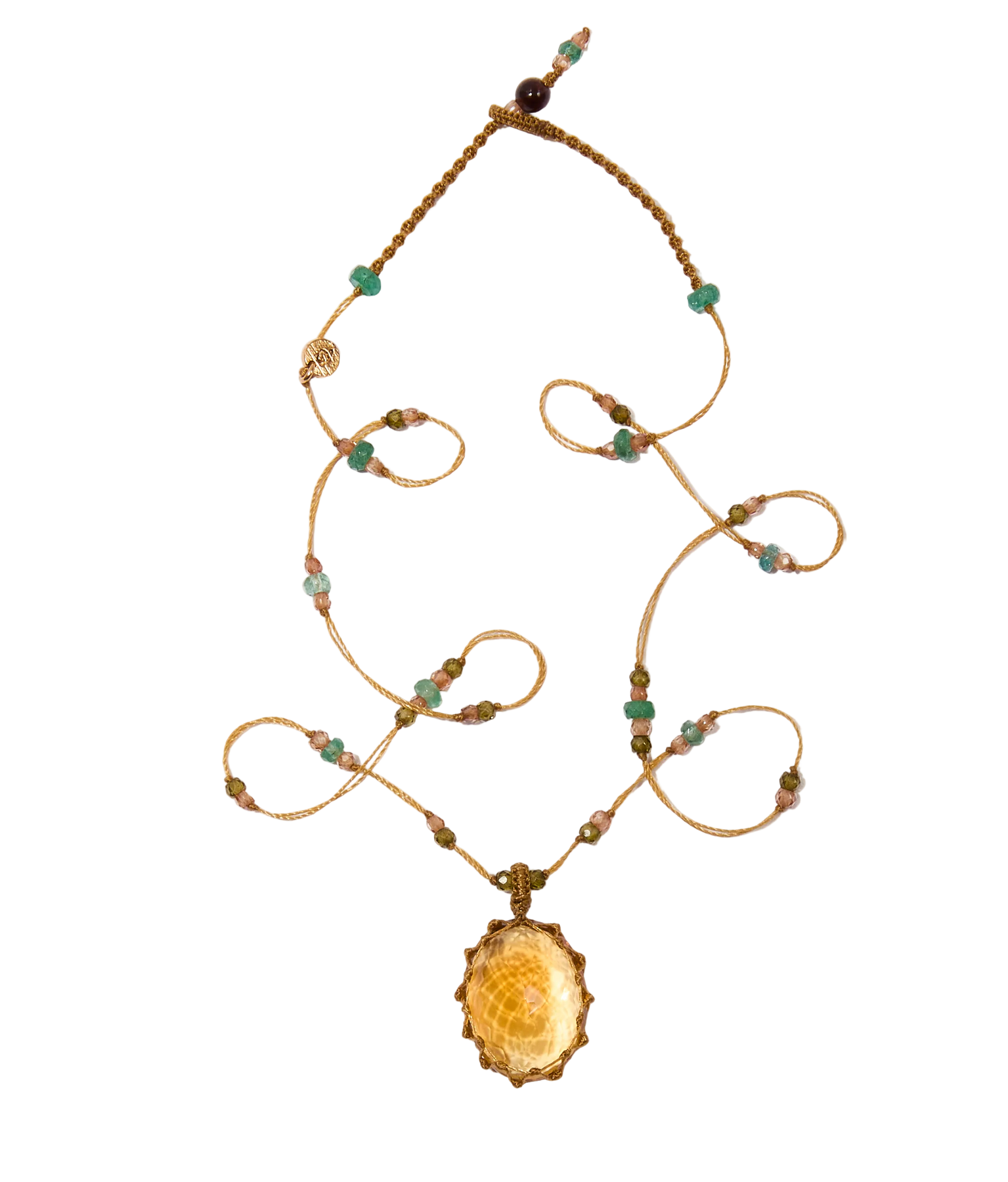 Collier court Tibétain - Citrine - Mix Émeraude - Fil Beige