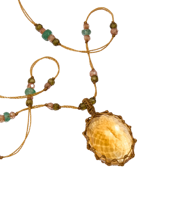 Collier court Tibétain - Citrine - Mix Émeraude - Fil Beige