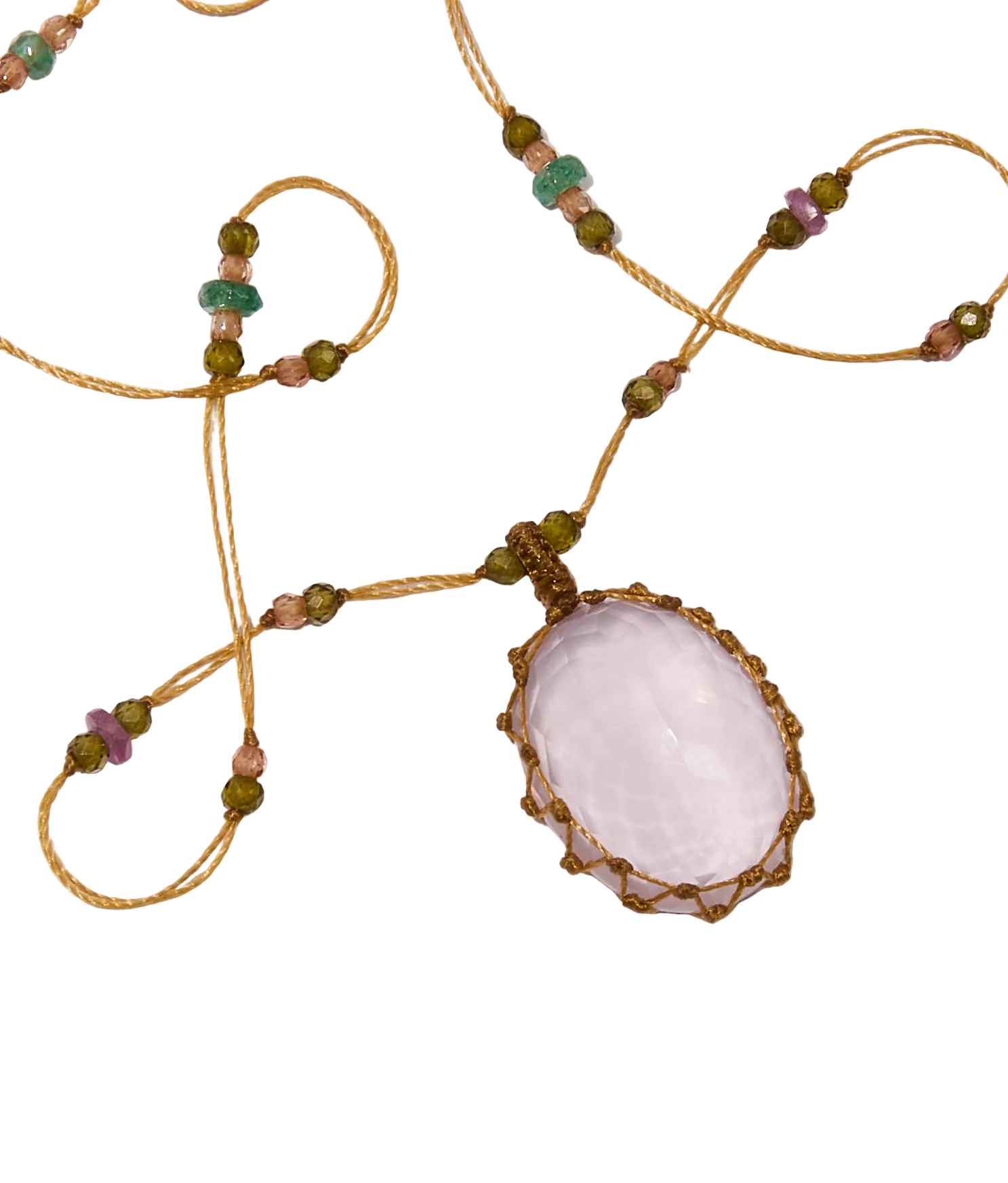 Collier Court Tibétain - Quartz Rose - Mix Émeraude - Fil Beige