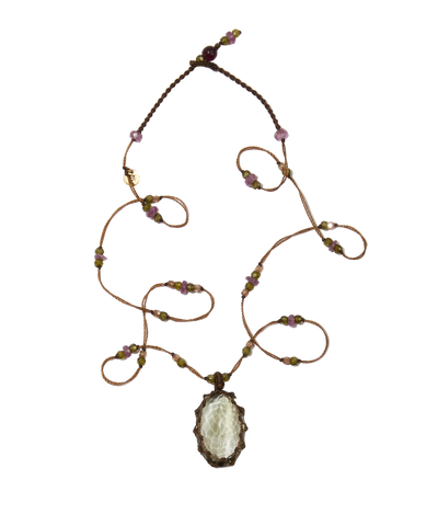 Collier Court Tibétain - Améthyste Verte - Mix Tourmaline - Fil Tabac