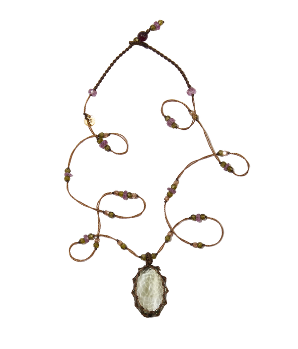 Collier Court Tibétain - Améthyste Verte - Mix Tourmaline - Fil Tabac