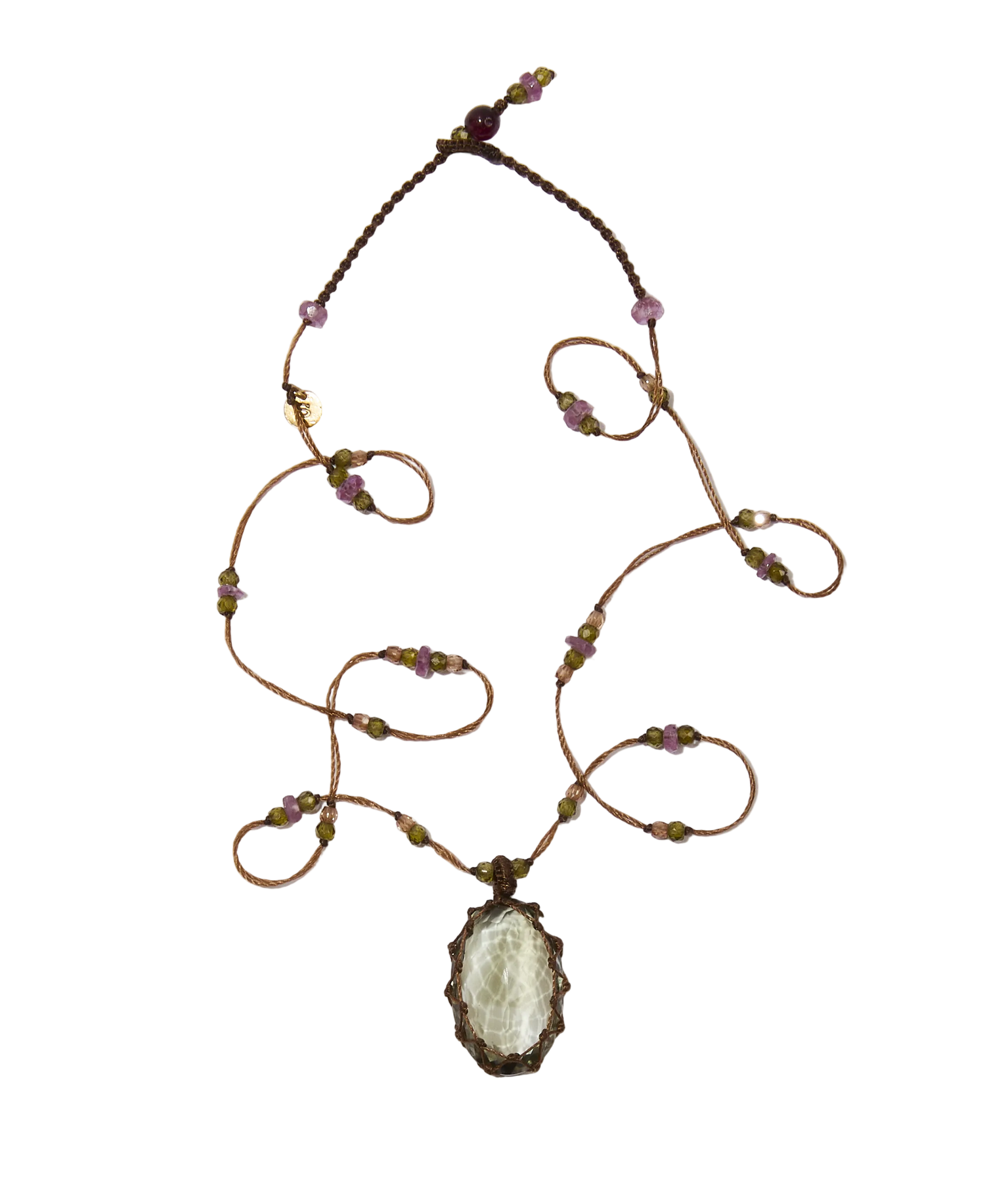 Collier Court Tibétain - Améthyste Verte - Mix Tourmaline - Fil Tabac