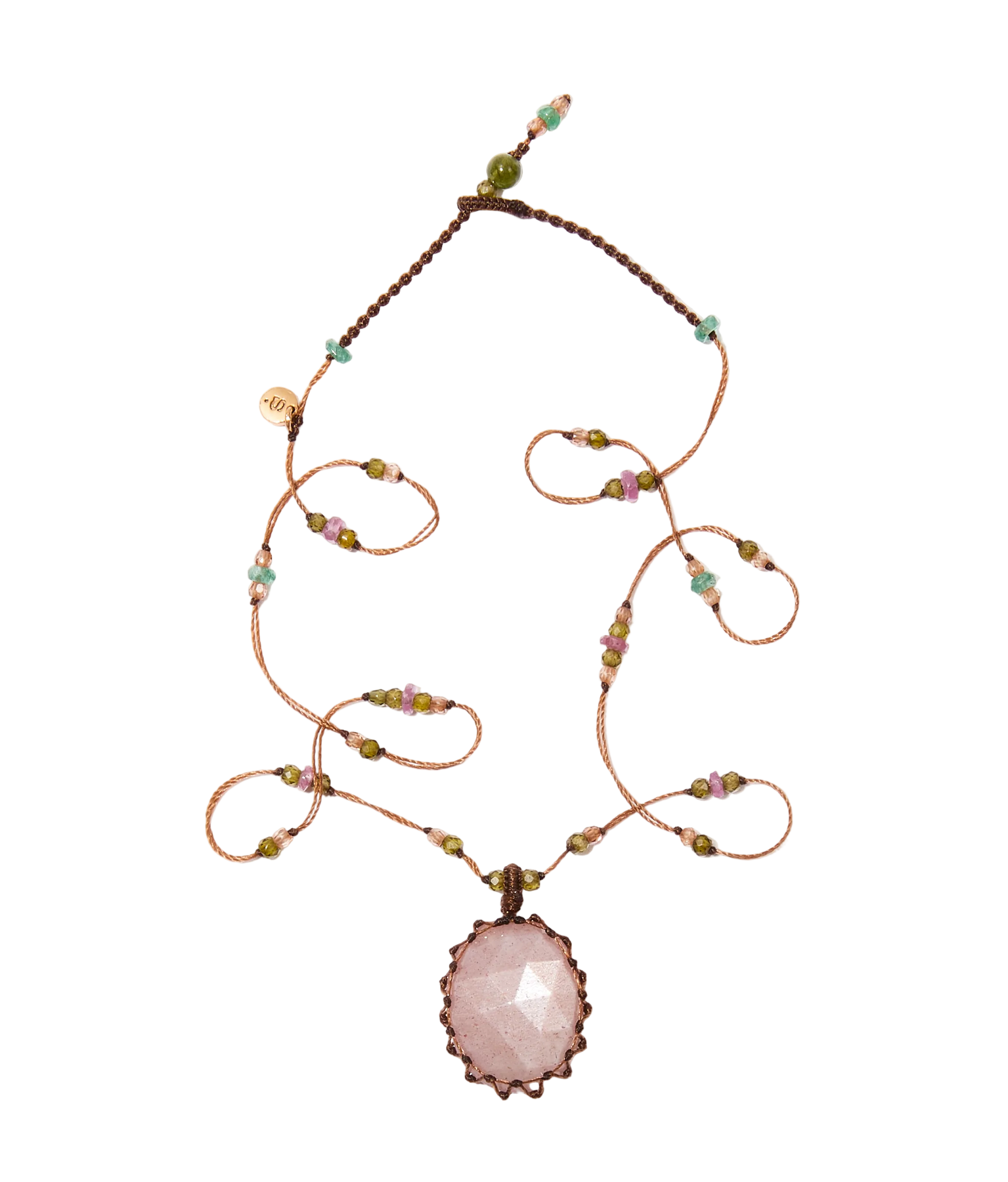 Collier Court Tibétain - Pink Moon Stone - Mix Tourmaline - Fil Tabac