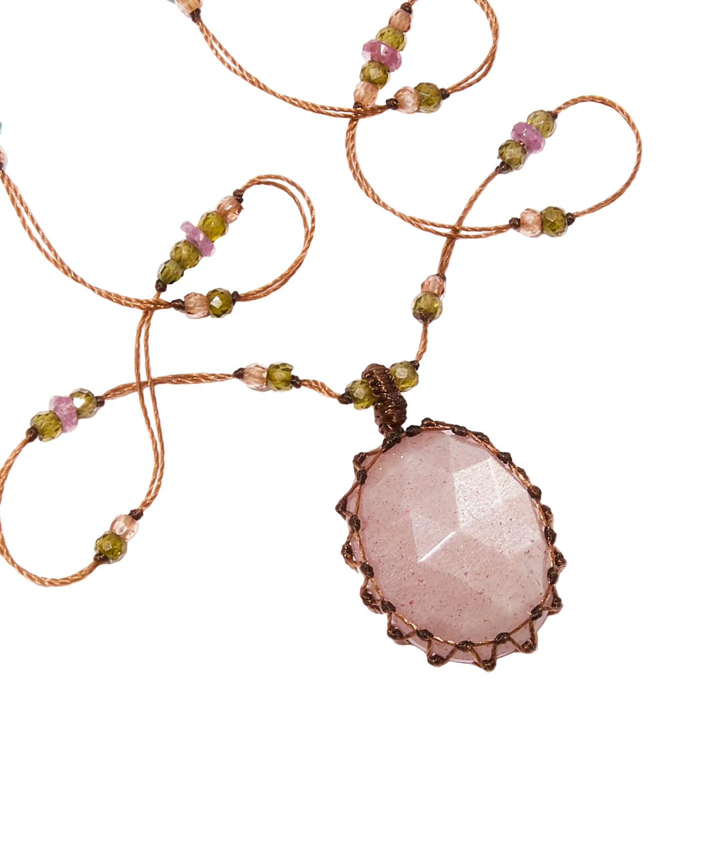 Collier Court Tibétain - Pink Moon Stone - Mix Tourmaline - Fil Tabac