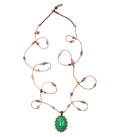 Collana Tibetana Corta - Labradorite Fuoco Blu - Mix Tormalina Rosa - Filo di Tabacco