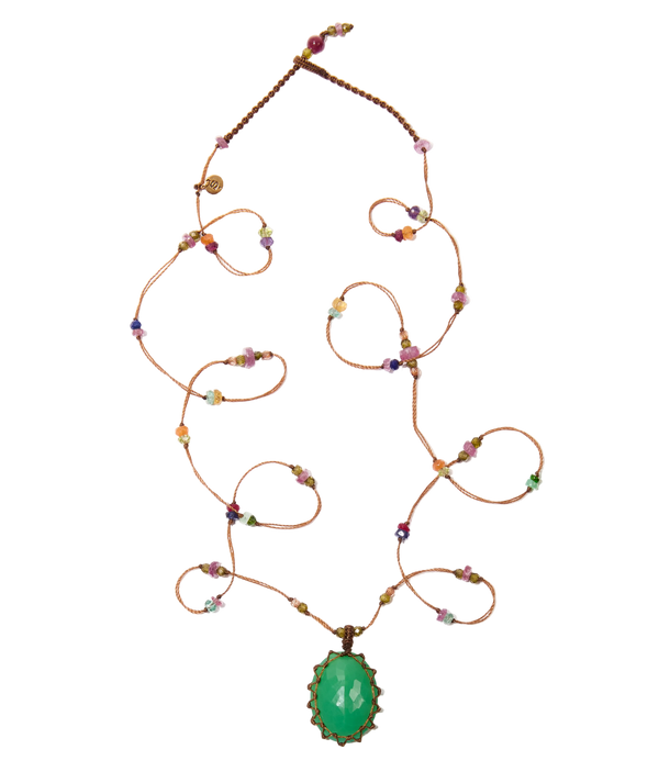 Sautoir Tibétain - Chrysoprase - Mix Multi-Pierres - Fil Tabac