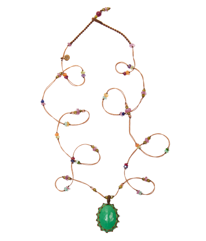 Sautoir Tibétain - Chrysoprase - Mix Multi-Pierres - Fil Tabac