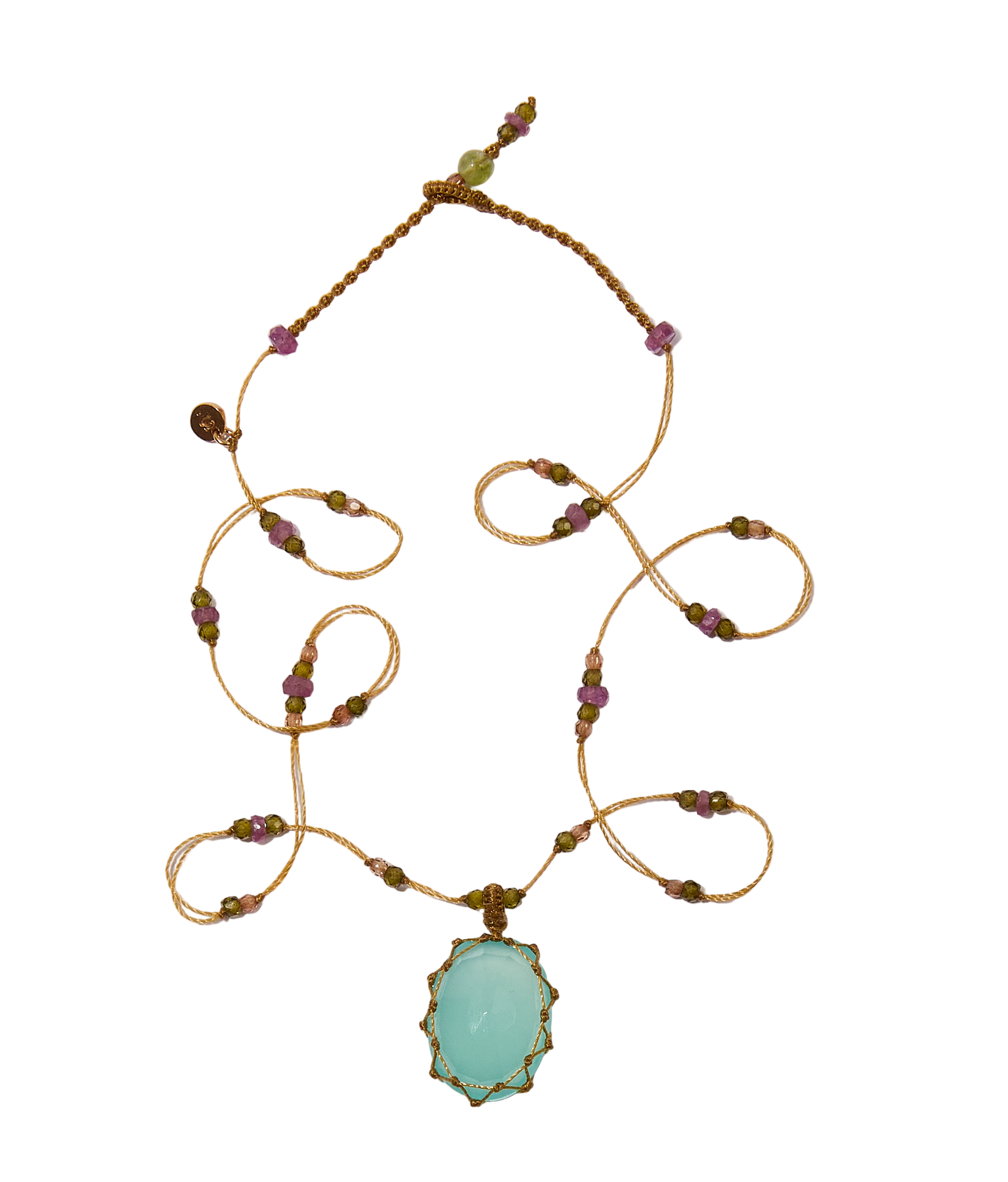 Collier Court Tibétain - Calcédoine Bleue - Mix Tourmaline - Fil Beige