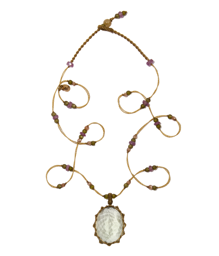 Collier Court Tibétain - Améthyste Verte - Mix Tourmaline - Fil Beige