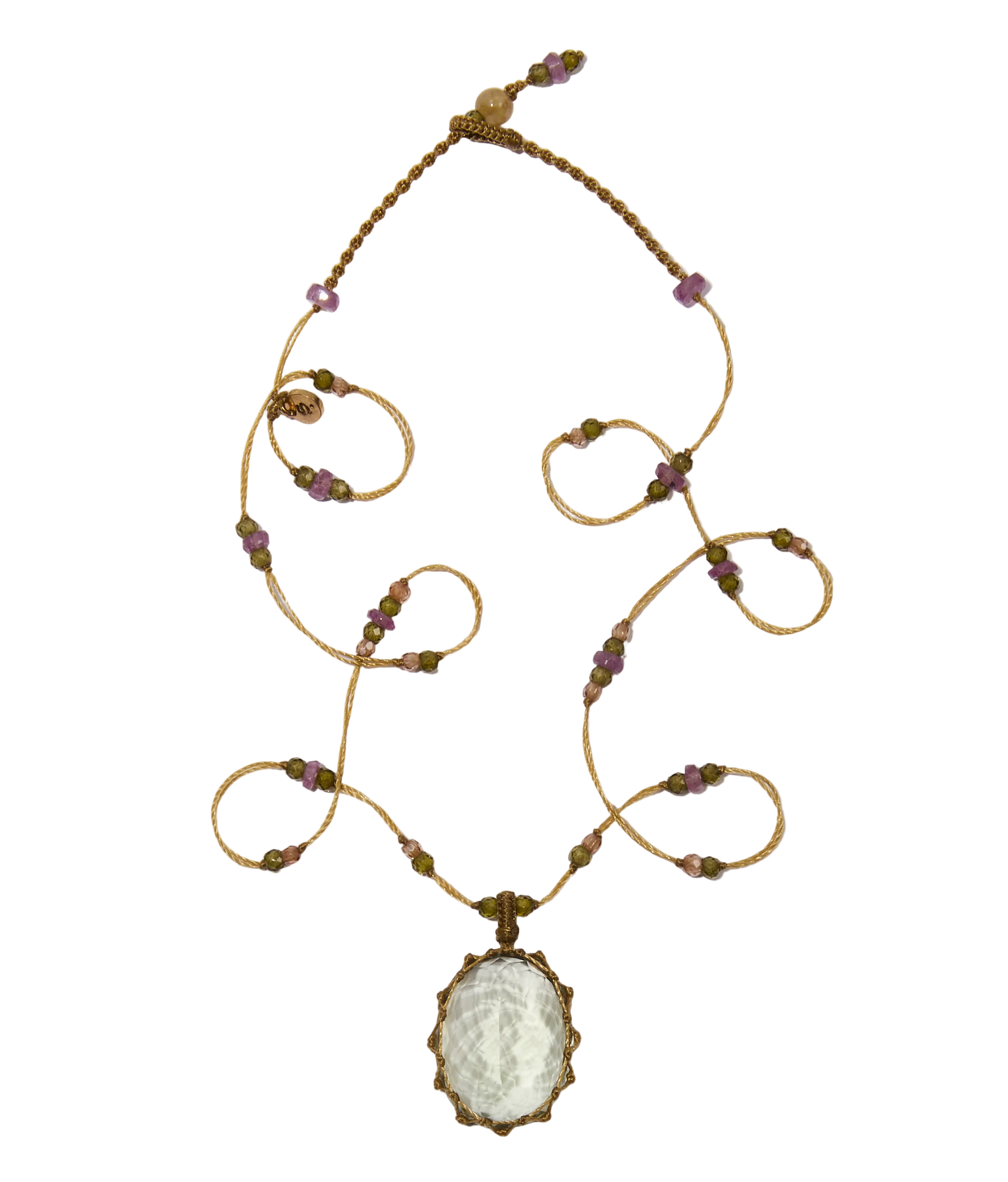 Collier Court Tibétain - Améthyste Verte - Mix Tourmaline - Fil Beige