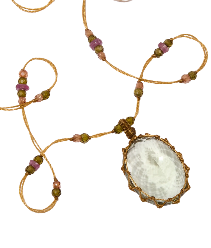 Collier Court Tibétain - Améthyste Verte - Mix Tourmaline - Fil Beige