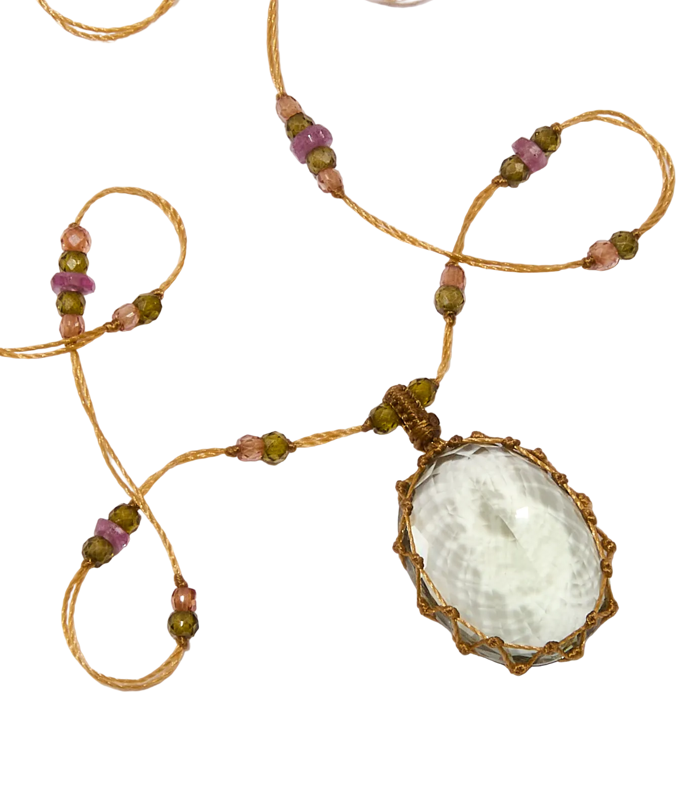 Collier Court Tibétain - Améthyste Verte - Mix Tourmaline - Fil Beige
