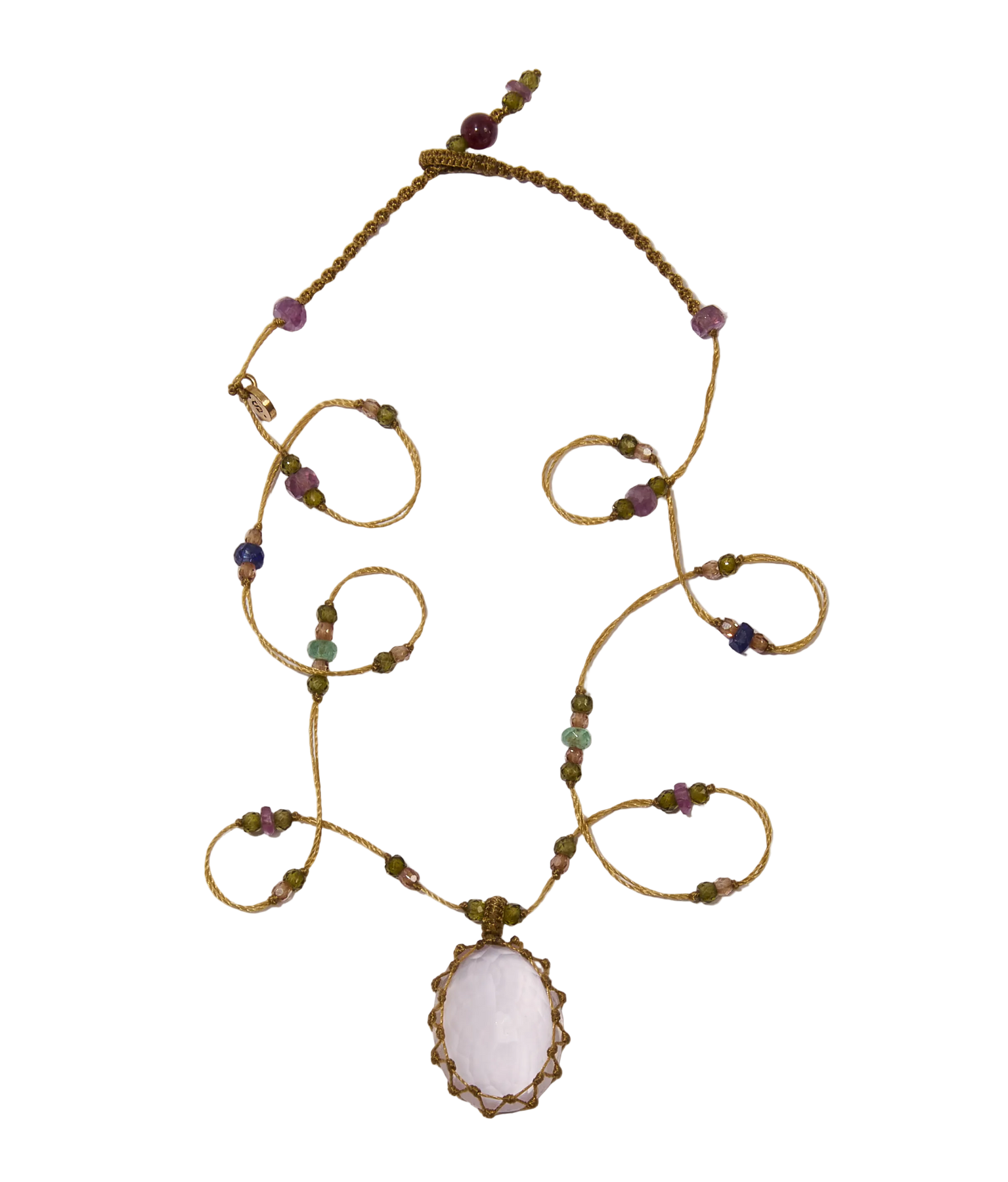 Collier Court Tibétain - Quartz Rose - Mix Émeraude - Fil Beige