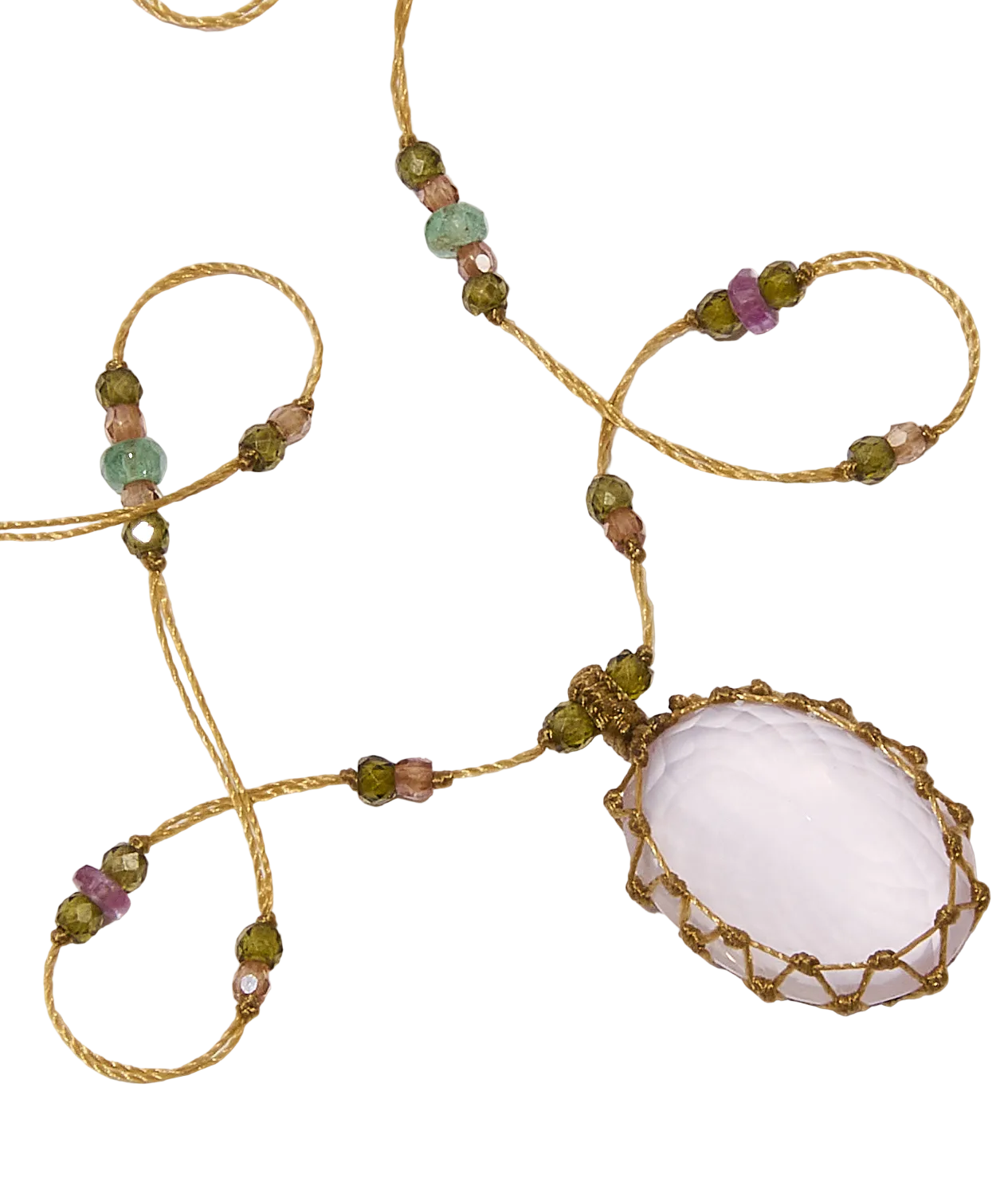 Collier Court Tibétain - Quartz Rose - Mix Émeraude - Fil Beige