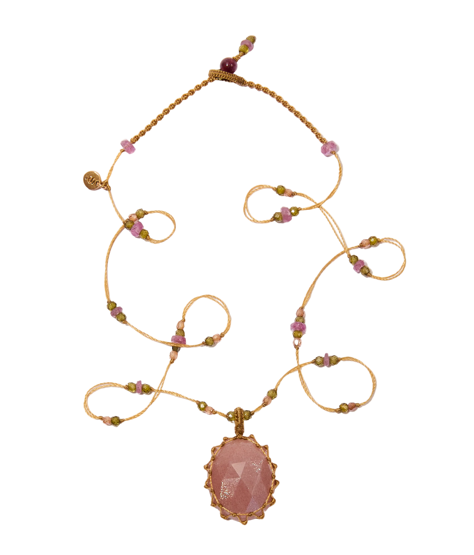 Collier Court Tibétain - Pink Moon Stone - Mix Tourmaline - Fil Beige